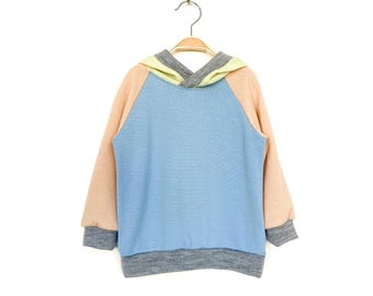 Kapuzenpullover Gr 92 hellblau pastell 100% Merinowolle / Upcycling Strickhoodie für Kleinkinder / Wollpullover mit Kapuze