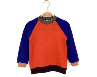 Children's sweater size 92 100% merino wool orange blue upcycling color block sweater for children