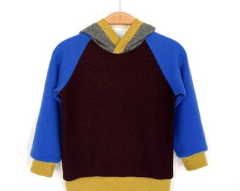 Hoodie made of 100% cashmere 86/92 blue aubergine gray brass yellow Upcycled cashmere sweater with hood for children