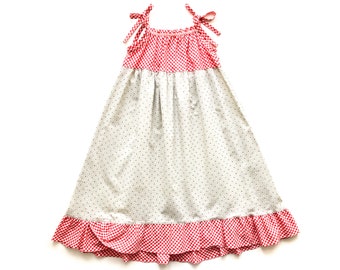 Summer dress 116/122 beige floral + red white checked upcycling strap dress for girls school dress