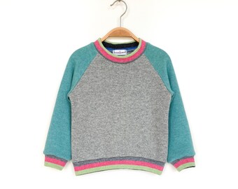 Kaschmirpullover für Kinder 98/104 grau türkis Upcycling Kinderpullover aus Kaschmir