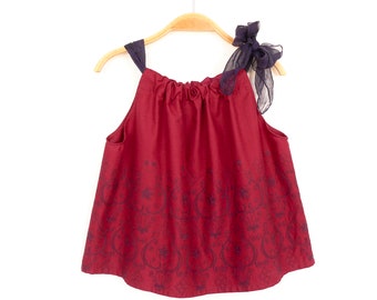 Upcycling summer top 98/104 wine red with embroidery sleeveless blouse for children