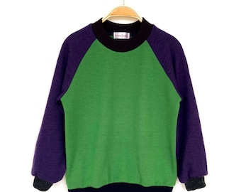 Merinowollpullover für Kinder 110/116  grün violett Upcycling Kinderpullover aus Wolle im Colorblockdesign