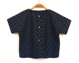 Summer shirt short sleeve 110/116 dark blue beige dotted upcycling box shirt top