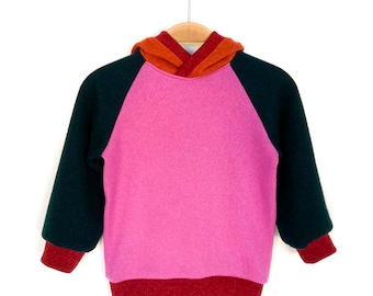 Felpa con cappuccio in 100% cashmere 86/92 rosa verde scuro arancione rosso maglione di cashmere riciclato con cappuccio per bambini