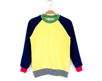 Colorblockpullover für Kinder Größe 122 gelb/dunkelblau Upcycling Kinderpullover aus 100% Merinowolle