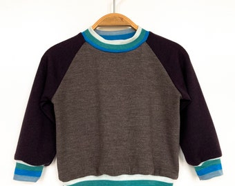 Wollen trui voor kinderen maat 86 bruin aqua, upcycled kindertrui gemaakt van merinowol