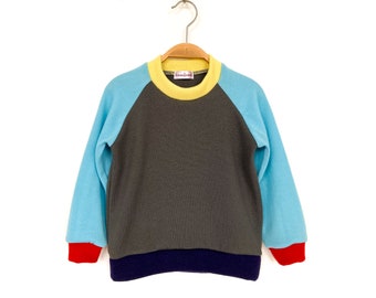 Maglione in lana merino taglia 104 grigio turchese maglione per bambini in upcycling con design a blocchi di colore