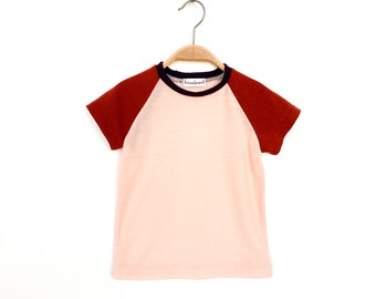 T-Shirt 104 Merino wool pink brown purple / short-sleeved top / upcycling raglan shirt for children