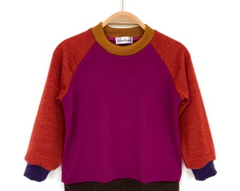 Children's sweater size 92 pink orange 100% merino wool upcycling color block sweater for children