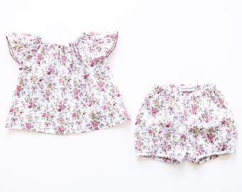 Babyset 74/80 Bluse und Bloomers geblümt Upcycling Sommerset Spielanzug