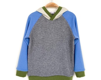 Hoodie made of 100% recycled cashmere 122/128 gray blue green upcycled cashmere sweater for children