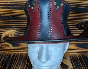 Steampunk leather corset hat in black and red. Sized at 23.2" (59cm)