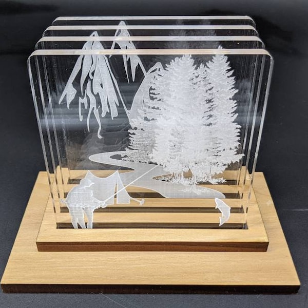 Camping and fishing themed acrylic shadowbox coasters with holder -pdf - Not a physical product!