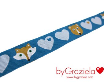 2 m (1,70EUR/meter) bygraziela weaving ribbon hearts, bear and fox - petrol