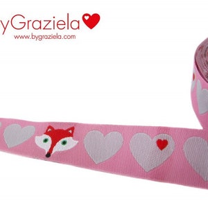 2m 1,70EUR/m bygraziela Webband Herzen und Fuchs rosa-grau Bild 1