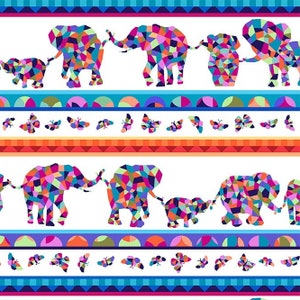 Könnte beinhalten: Ein nahtloses Muster mit bunten geometrischen Elefanten und Schmetterlingen auf weißem Hintergrund. Die Elefanten sind in einer Reihe angeordnet, wobei die größeren Elefanten die Schwänze der kleineren Elefanten halten. Die Schmetterlinge sind über das gesamte Muster verteilt.