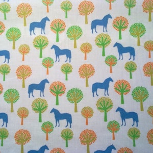 Horses & trees in petrol - orange - green