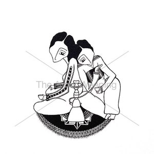 Puede incluir: Dibujo en blanco y negro de dos personas sentadas en una alfombra con patrones, una sosteniendo una pipa de agua.