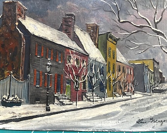 Josef Presser, modernist figurative landscape with Gothic house and figures, Gouache on board, 1930's