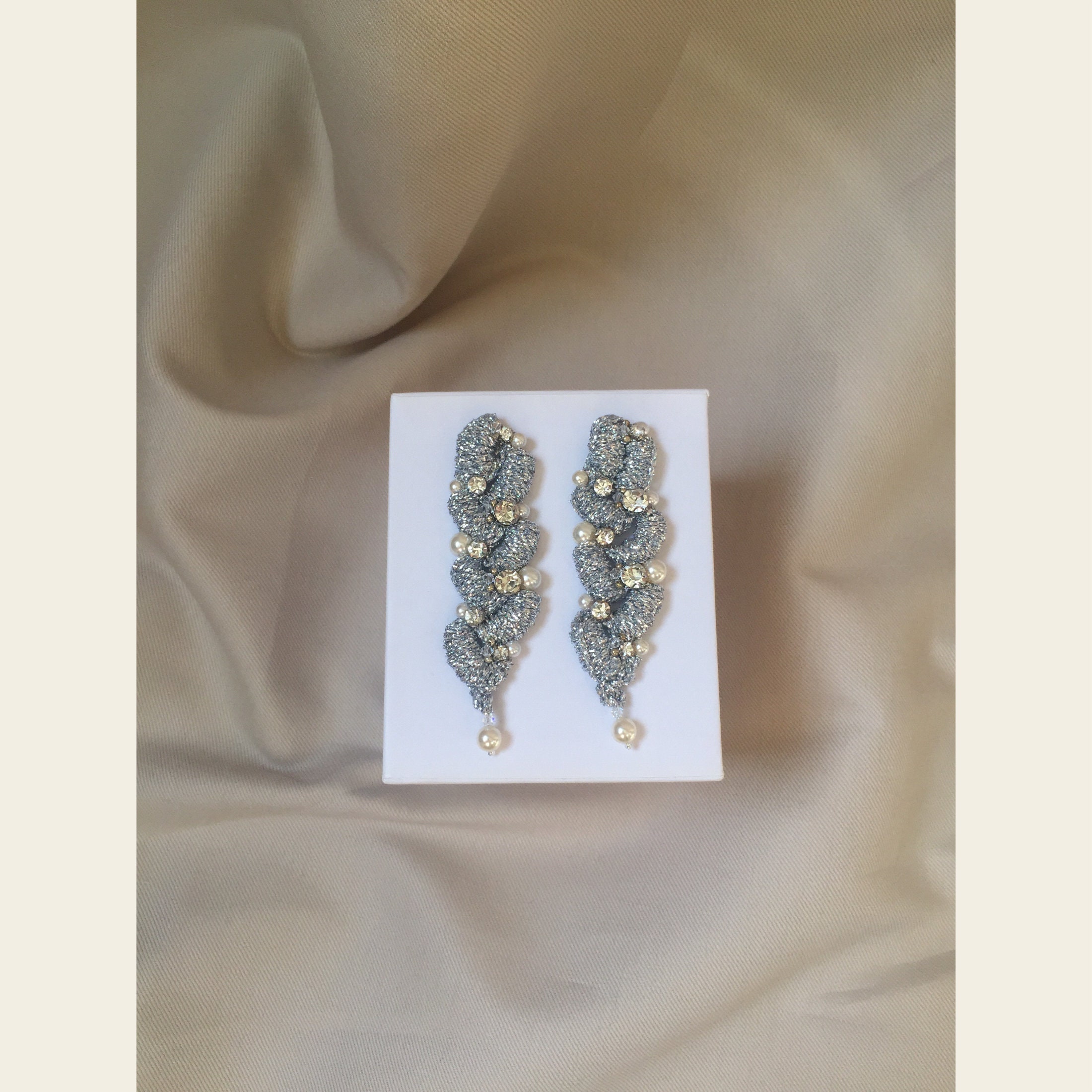 Pearl Crystal Silver Crochet Dangle Drop Earrings Bridal Accessories