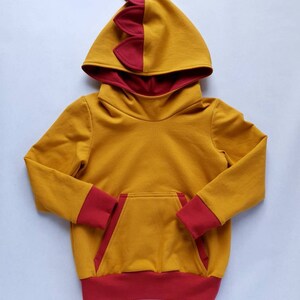 May include: A yellow hoodie with a red dinosaur-shaped hood and red trim on the sleeves and bottom. The hoodie has a kangaroo pocket.