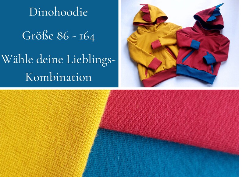 May include: Two children's hoodies with dinosaur ears on the hood. One hoodie is yellow with red trim and the other is red with blue trim. The fabric is shown in the bottom of the image. The fabric is yellow, red, and blue.