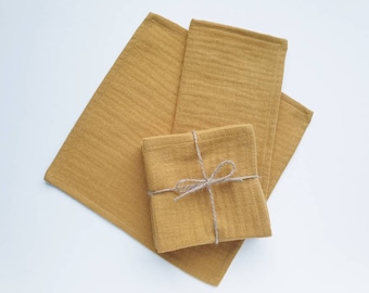 4 fabric handkerchiefs in mustard yellow made from organic cotton muslin (double gauze/gauze)