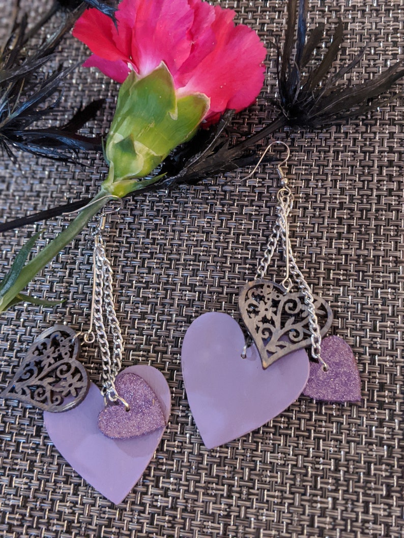 Wooden drop earrings Purple hearts earrings Violet wooden jewelry Handmade earrings Hand painted earrings Lilac hearts earrings