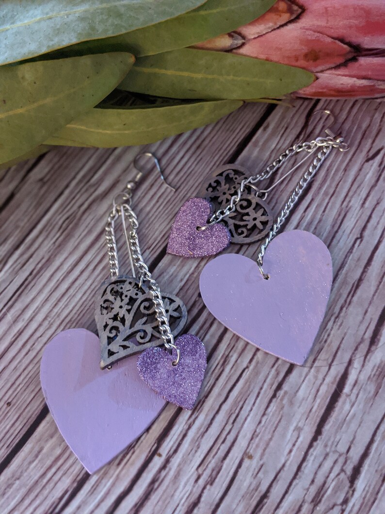 Wooden drop earrings Purple hearts earrings Violet wooden jewelry Handmade earrings Hand painted earrings Lilac hearts earrings
