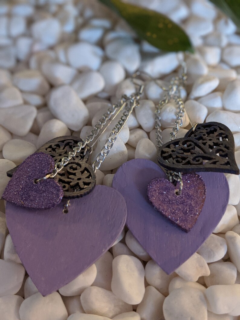 Wooden drop earrings Purple hearts earrings Violet wooden jewelry Handmade earrings Hand painted earrings Lilac hearts earrings