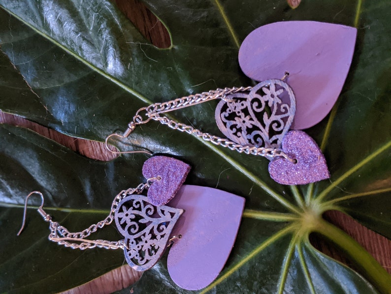 Wooden drop earrings Purple hearts earrings Violet wooden jewelry Handmade earrings Hand painted earrings Lilac hearts earrings