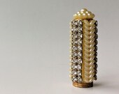 Wiesner of Miami 50s Vintage Faux Pearl Rhinestone Encrusted Lipstick Tube w Mirror - brass metal refillable lipstick tube - for Mothers Day