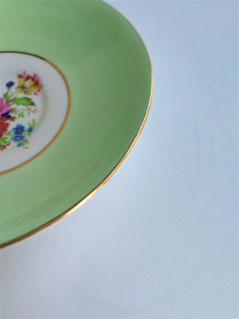 retro wedding home decor birthday holiday gift yellow green borders floral motif LOT of 2 vintage bone china saucers Paragon /& Rosina