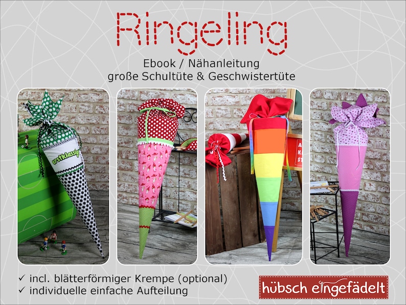 RINGELING ebook SCHULTÜTE incl Blatt Blätter Blüte *** 70 cm + 35 cm ** Zuckertüte Einschulung * Nähanleitung + Schnittmuster nähen Stoff