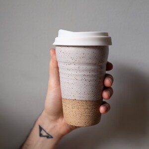 Handmade pottery travel mug, speckled white pottery mug, coffee mug, travel mug, ceramic coffee mug
