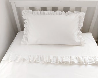 Cotton Baby Bedding Frill Set, Ruffle Pillow, Vintage Style, Size 90x 120cm Retro Design 100% Cotton, White Colour, Double Ruffle