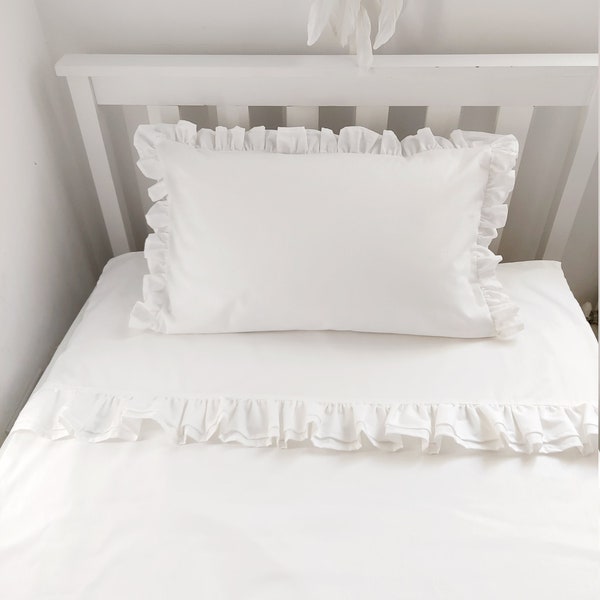 Made to Order, Baby Bedding Frill Set, Ruffle Pillow, Vintage Style, Size 120 x 150cm, Retro Design 100% Cotton, White Colour, Double Ruffle