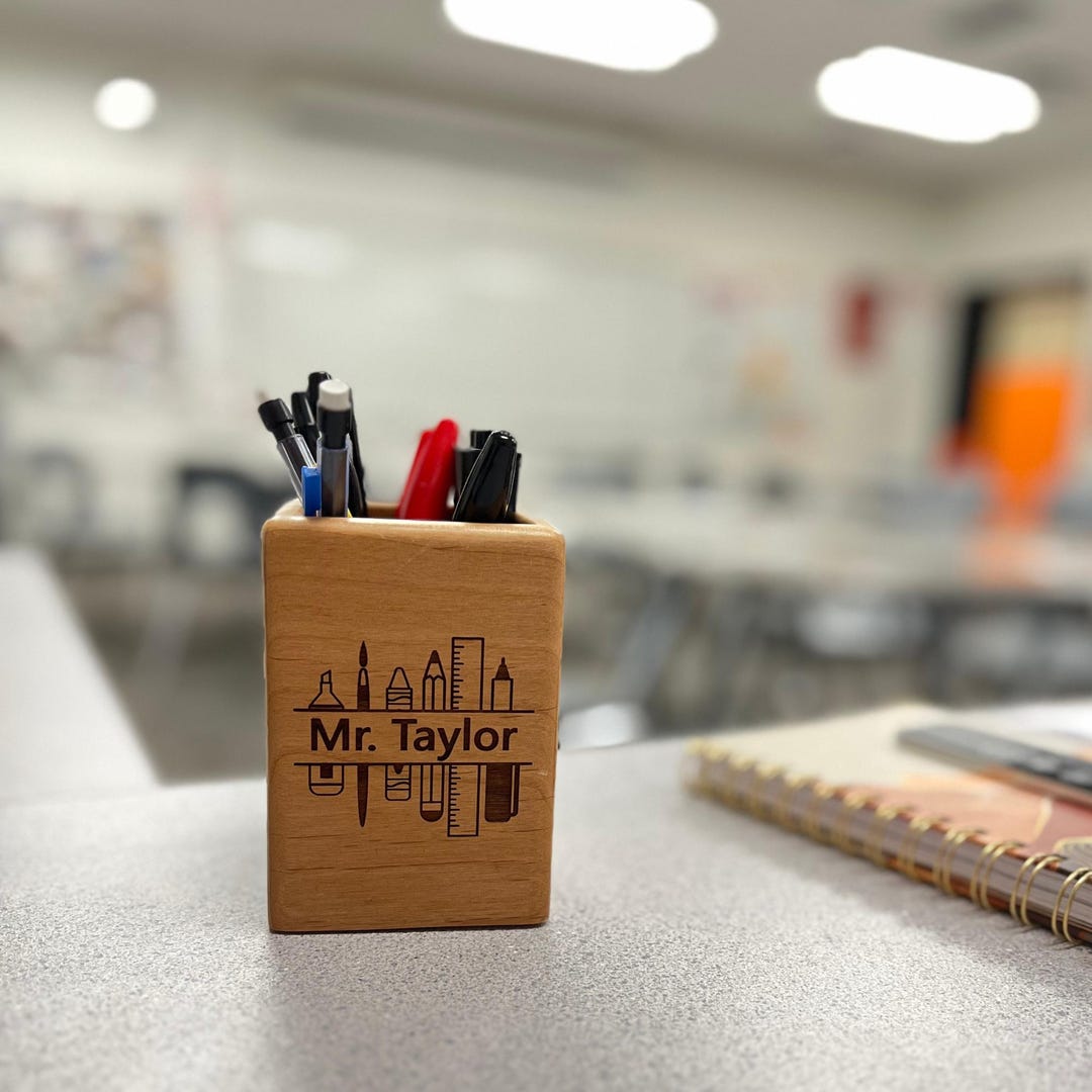 Personalized Teacher Desk Organizer Wooden Pencil Marker Pen Holder ...