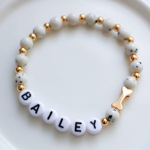 Pet Name Bracelet | Bone charm, name bracelet | Gemstone Beads | Gold hardware | Style 1
