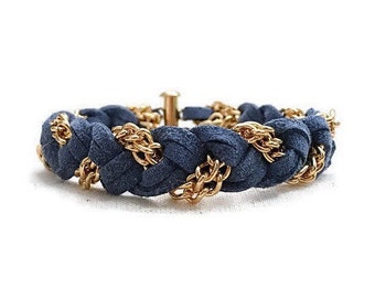 Denim Braided Suede Bracelet with Gold Chain