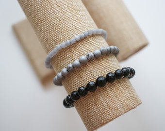 Gray and Black Gemstone Bead Bracelets