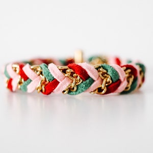 Chevron Twist Braid in Pink Christmas - Suede bracelet, neutral braid friendship bracelet, chain jewelry
