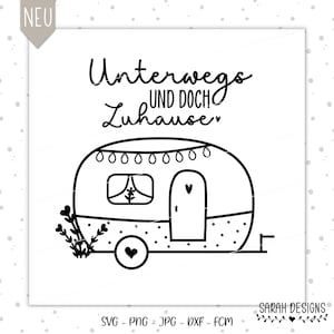 May include: Black and white line art illustration of a camper van with the text "Unterwegs und doch Zuhause" above it. The camper van has a window, a door, and a small heart on the side. The camper van is on a white background.