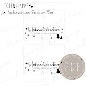 Puede incluir: Un PDF blanco con texto negro que dice "Weihnachtsbäckerei" y "DU HAST EIN PLÄTZCHEN IN MEINEM HERZEN". El diseño incluye estrellas, hombres de jengibre, calcetines y árboles de Navidad. El texto "TÜTENKLAPPE" está en la parte superior.