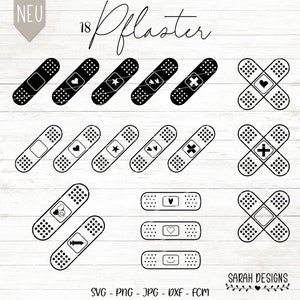 Könnte beinhalten: Ein Set mit 18 schwarzen und weißen digitalen Schnittdateien mit verschiedenen Pflaster-Designs. Die Designs beinhalten ein Herz, einen Stern, einen Vogel, ein Kreuz, eine Spritze und ein Smiley. Der Text "18 Pflaster" befindet sich oben im Bild.