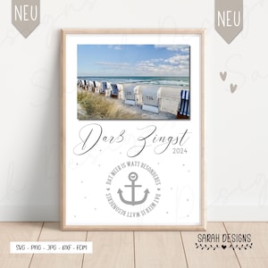 May include: A white printable poster with a photo of beach chairs and the text "Dars Zingst 2024". The poster also features a gray anchor with a heart and the text "Dat Meer is Watt Besonderes".