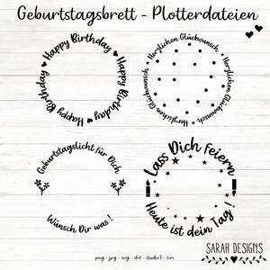 Könnte beinhalten: Vier schwarz-weiße druckbare Designs für eine Geburtstagsfeier. Die Designs beinhalten die Wörter "Happy Birthday", "Herzlichen Glückwunsch", "Geburtstagslicht für Dich" und "Lass Dich feiern".