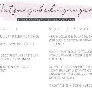 Op de afbeelding: Een witte achtergrond met zwarte tekst die de gebruiksvoorwaarden voor borduurontwerpen beschrijft. De tekst stelt dat de verkoop van afgewerkte borduurontwerpen en borduurwerk op stof is toegestaan. Het stelt ook dat de ontwerper moet worden genoemd en dat commercieel gebruik is toegestaan. De tekst stelt ook dat het wijzigen van de grootte van het ontwerp, het scheiden en borduren van afzonderlijke elementen en massaproductie niet zijn toegestaan.