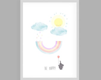 Nursery picture,nursery poster,gift baptism,gift busty,elephant,rainbow"Be happy"